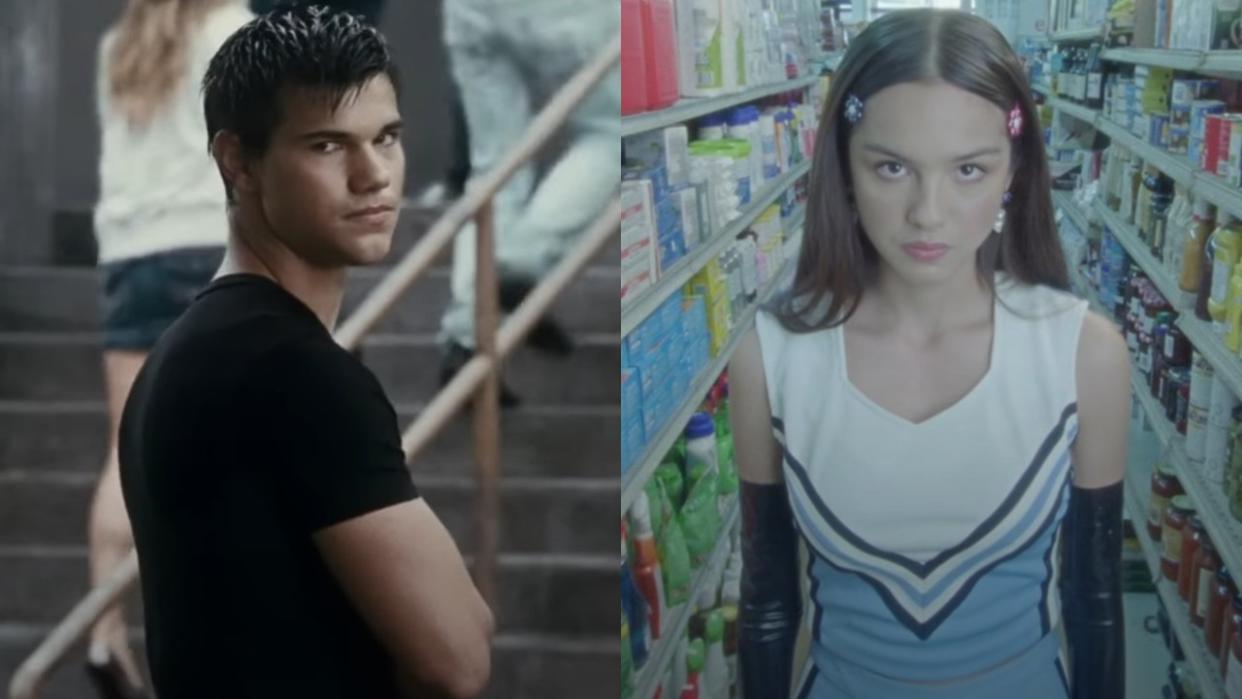  From left to right: Taylor Lautner as Jacob looking over his shoulder and Olivia Rodrigo starring into camera in the Good 4 U music video. 