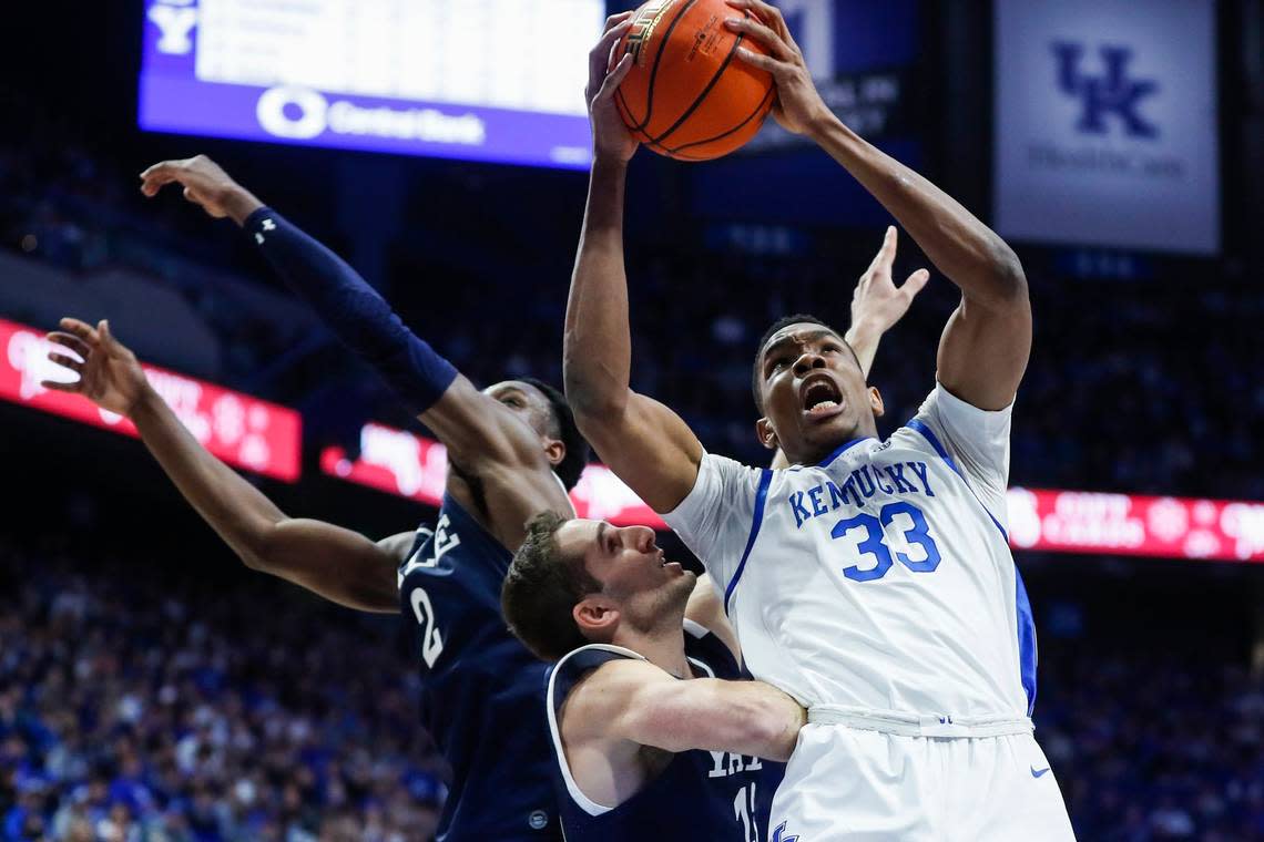 Kentucky’s Ugonna Onyenso grabs a rebound against Yale on Saturday, Dec. 10, 2022, at Rupp Arena in Lexington, Ky.