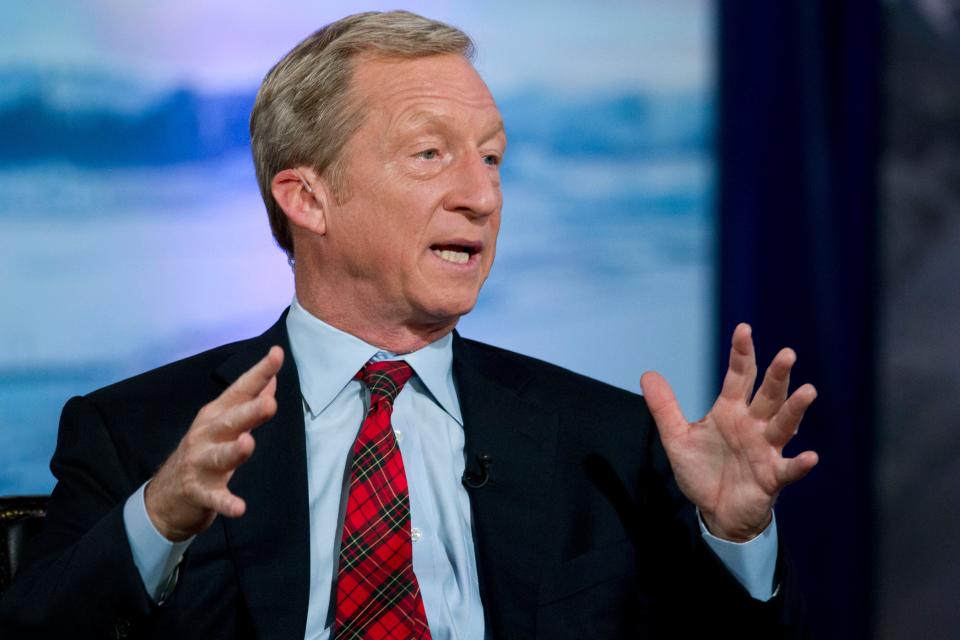 Democratic presidential candidate and businessman Tom Steyer speaks during the Climate Forum at Georgetown University, Friday, Sept. 20, 2019, in Washington. (AP Photo/Jose Luis Magana)