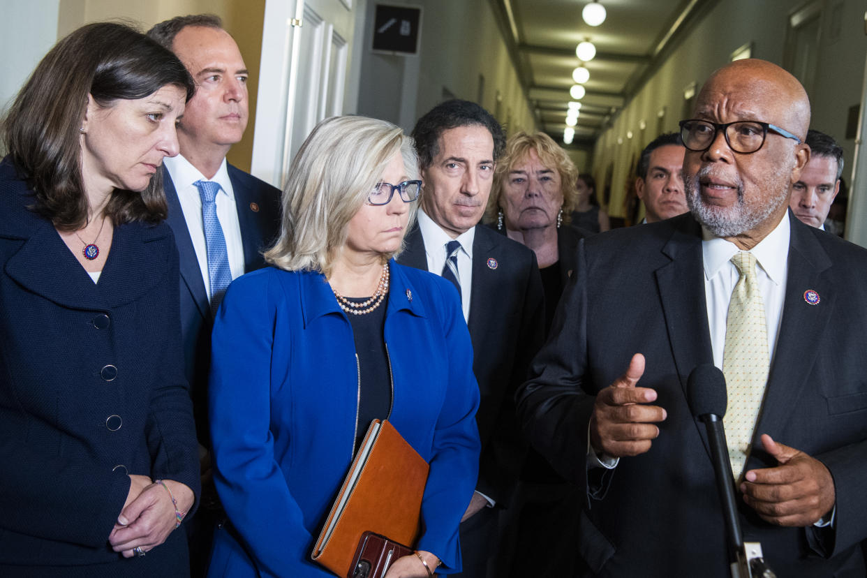 Chairman Bennie Thompson, D-Miss., addresses the media after the House Jan. 6 select committee hearing in Cannon Building to examine the January 2021 attack on the Capitol, on Tuesday, July 27, 2021. (Tom Williams/CQ Roll Call via Getty Images)