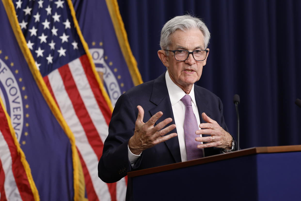 WASHINGTON, DC - SEPTEMBER 18: Federal Reserve Chairman Jerome Powell speaks during a news conference following the September meeting of the Federal Open Market Committee at the William McChesney Martin Jr. Federal Reserve Board Building on September 18, 2024 in Washington, DC. The Federal Reserve announced today that they will cut the central bank’s benchmark interest rate by 50 basis points to a new range of 4.75%-5%. (Photo by Anna Moneymaker/Getty Images)