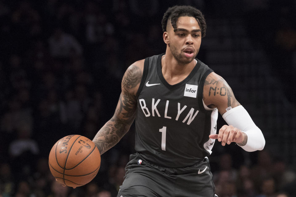 Brooklyn Nets guard D'Angelo Russell handles the ball during the first half of an NBA basketball game against the Boston Celtics, Saturday, March 30, 2019, in New York. (AP Photo/Mary Altaffer)