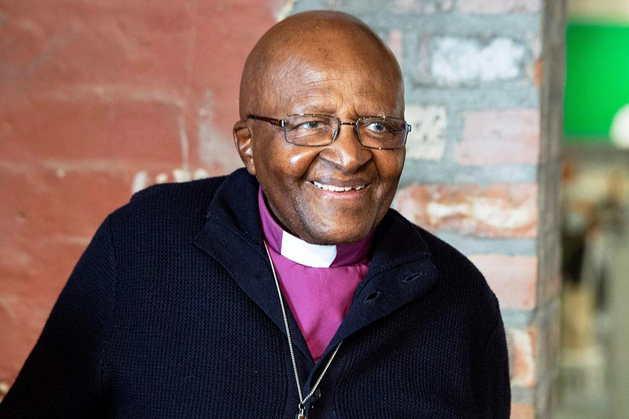 Desmond Tutu, attends an exhibition and book launch of notable photographs of his life, which have been turned into paintings, on April 27, 2019, in the centre of Cape Town.