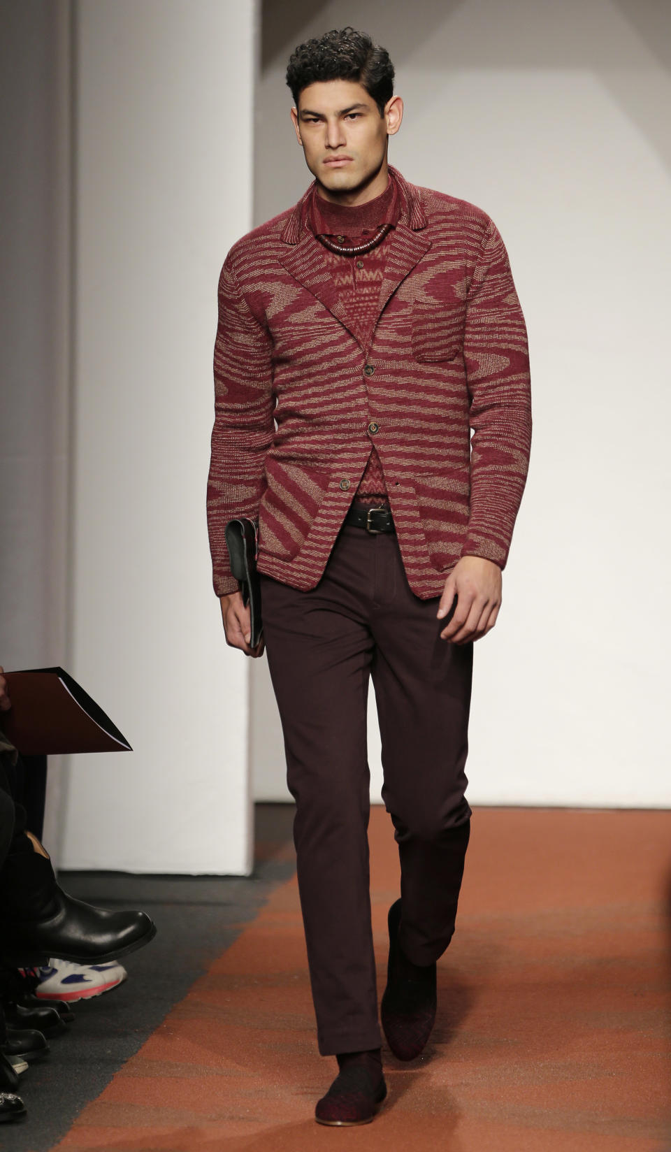 A model wears a creation for Missoni men's Fall-Winter 2013-14 collection, part of the Milan Fashion Week, unveiled in Milan, Italy, Sunday, Jan. 13, 2013. (AP Photo/Antonio Calanni)