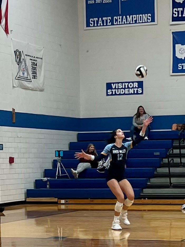 River Valley's Haleigh Creps attempts a serve during a Division II sectional volleyball match at Bexley this season. Creps was named All-Ohio as a senior this season.
