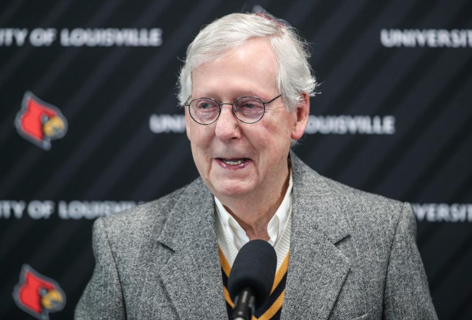 Kentucky Sen. Mitch McConnell during a UofL announcement Thursday morning of $20 million in federal funding for cybersecurity training.  Jan. 19, 2023 