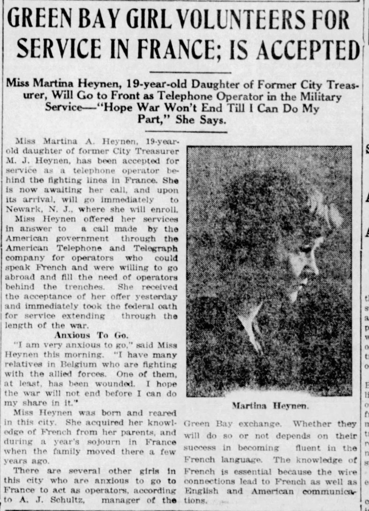 Martina Heynen's announcement that she'll be serving in World War I is published in the Green Bay Press-Gazette, Feb. 4, 1918.