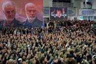 A poster shows late Iranian military commander Qassem Soleimani and late Iraqi militia commander Abu Mahdi al-Muhandis, as Iranian worshippers chant slogans during the Friday prayers sermon led by Iran's Supreme Leader Ayatollah Ali Khamenei, in Tehran