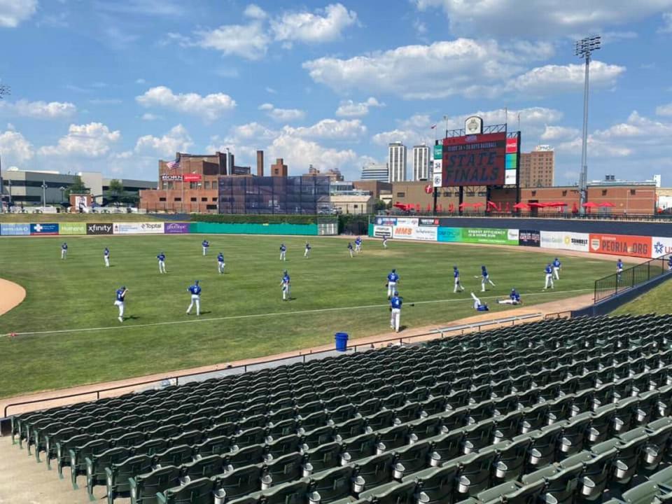 The Columbia baseball team warms up prior to their semifinal game in the IHSA Class 2A state tournament. The Eagles face Joliet Catholic Academy in the championship game Saturday night. Provided