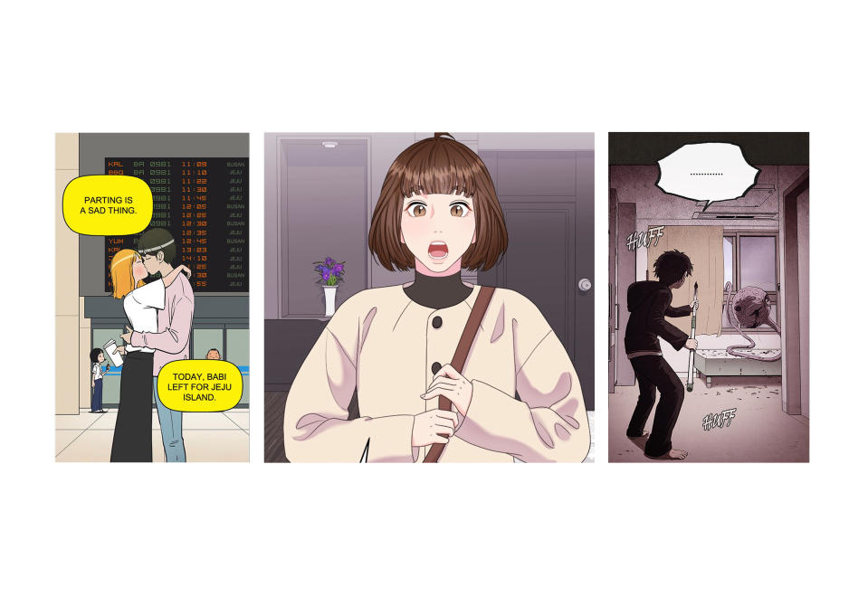 From left: Webtoons Yumi's Cells, Extraordinary Attorney Woo, and Sweet Home.<span class="copyright">Courtesy WEBTOON</span>