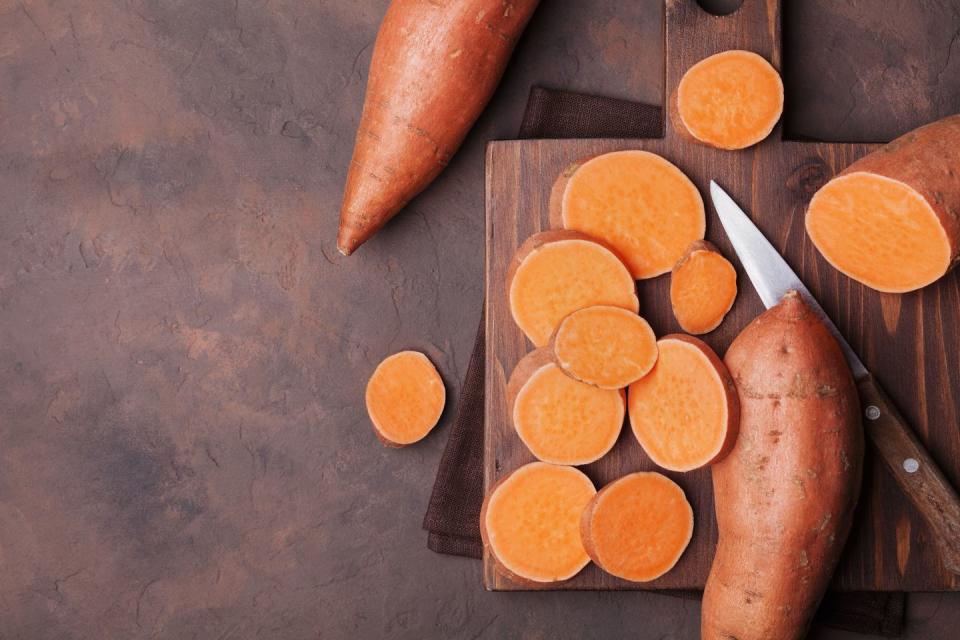 <p>These bright orange tubers fall under the <a href="https://www.prevention.com/food-nutrition/healthy-eating/g25335049/healthy-carbs/" rel="nofollow noopener" target="_blank" data-ylk="slk:healthy carb category;elm:context_link;itc:0;sec:content-canvas" class="link ">healthy carb category</a>. That’s because <a href="https://www.prevention.com/food-nutrition/healthy-eating/a23285646/sweet-potato-nutrition/" rel="nofollow noopener" target="_blank" data-ylk="slk:sweet potatoes;elm:context_link;itc:0;sec:content-canvas" class="link ">sweet potatoes</a> pack tons of gut-filling fiber, magnesium, heart-healthy potassium, vitamin C, and vitamin A. Eat them roasted, baked, or boiled in salads, as fries, or in soups.</p><p><strong>Try it:</strong> <a href="https://www.prevention.com/food-nutrition/recipes/a20520657/maple-roasted-sweet-potato-wedges/" rel="nofollow noopener" target="_blank" data-ylk="slk:Maple-Roasted Sweet Potato Wedges;elm:context_link;itc:0;sec:content-canvas" class="link ">Maple-Roasted Sweet Potato Wedges</a></p>