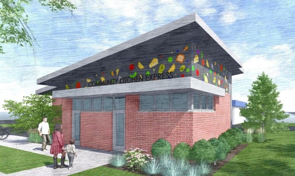 A rendering depicts the new Community Kitchen Express building tol be built at 1100 W. 11th St., replacing the current structure. A groundbreaking ceremony will be at 2:30 p.m. Thursday, March 28, 2024, at the site.