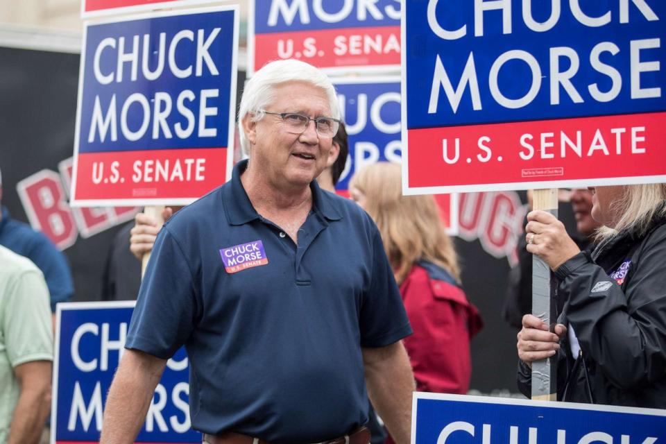 PHOTO: Republican Senate candidate Chuck Morse greets supporters during a campaign stop, Sept. 13, 2022, in Bedford, N.H. (Scott Eisen/Getty Images, FILE)