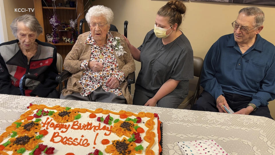 This image made from video, provided by KCCI 8 News in Des Moines, Iowa, shows Bessie Laurena Hendricks celebrating her 115th birthday in November 2022. Hendricks, an Iowa woman who was believed to be the oldest living person in the U.S., died Tuesday, Jan. 3, 2023, at the age of 115. (KCCI 8 News via AP)