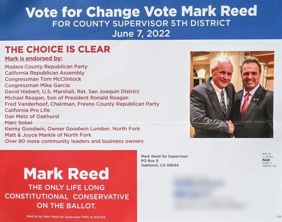 The address side of a political flyer from Madera County supervisor candidate Mark Reed which names several county citizens as “far left” supporters of his “opponent” in the June 7 election, in Fresno on Thursday, June 2, 0222.