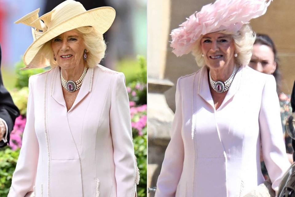 <p>Samir Hussein/WireImage, Chris Jackson/Getty </p> Queen Camilla recycles outfit from Prince Harry and Meghan