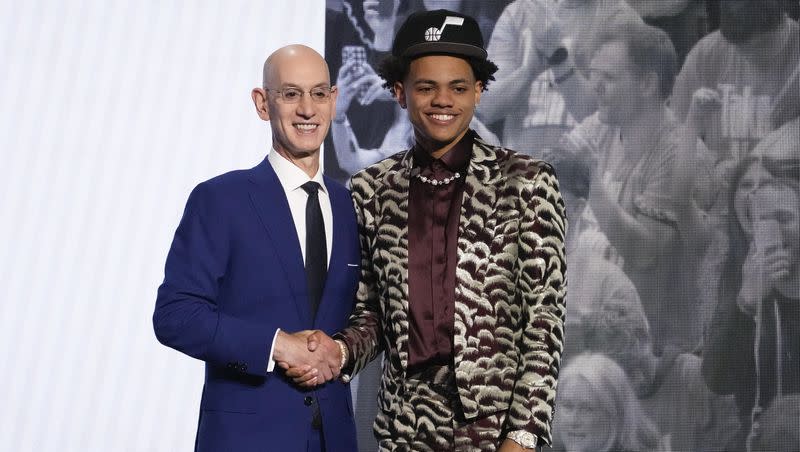 Keyonte George poses for a photo with NBA Commissioner Adam Silver after being selected 16th overall by the Utah Jazz during the NBA basketball draft, Thursday, June 22, 2023, in New York. 