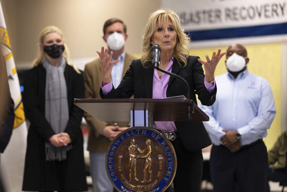 First lady Jill Biden delivers remarks at the FEMA State Disaster Recovery Center in Bowling Green, Ky., Friday, Jan. 14, 2022. Bowling Green was one of several areas hard hit by Dec. 10 tornadoes that tore through the western part of Kentucky. (AP Photo/Michael Clubb)