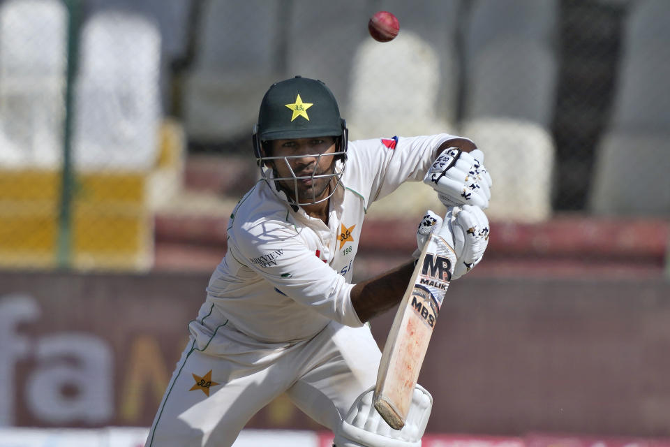 Pakistan's Sarfraz Ahmed plays a shot during the fifty day of first test cricket match between Pakistan and New Zealand, in Karachi, Pakistan, Friday, Dec. 30, 2022. (AP Photo/Fareed Khan)