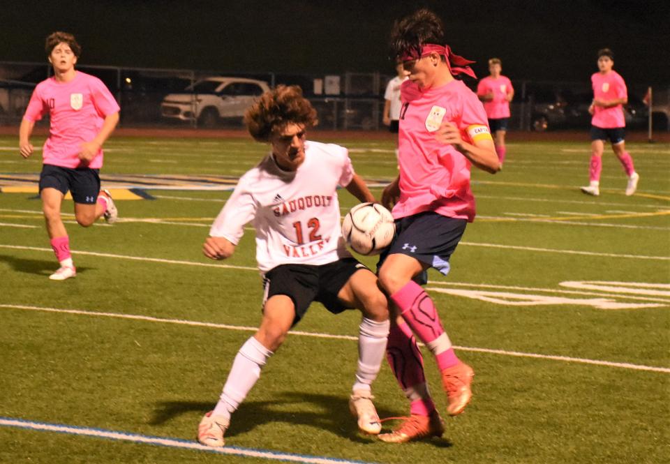 Sauquoit Valley's Joshua LoGalbo and Central Valley Academy's Aiden Hall (from left) converge on the ball late in the second half of a Monday, Oct. 2, 2023, match in Ilion, New York.