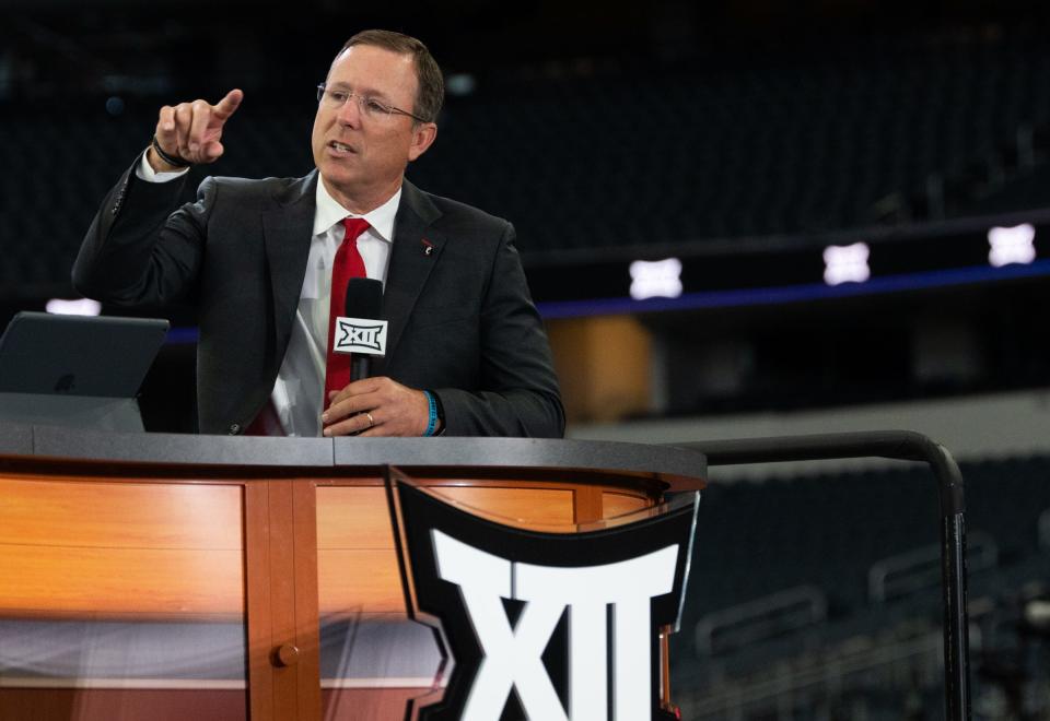 University of Cincinnati Head Coach Scott Satterfield talks with ESPN on the second day of Big 12 Media Days in AT&T Stadium in Arlington, Texas, July 13, 2023. 