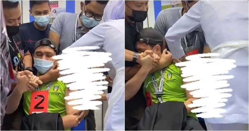 馬來西亞一名男醫護有打針恐懼症，打個疫苗需要出動多人架住「惜惜」，才成功完成打針。（圖／翻攝tiktok）