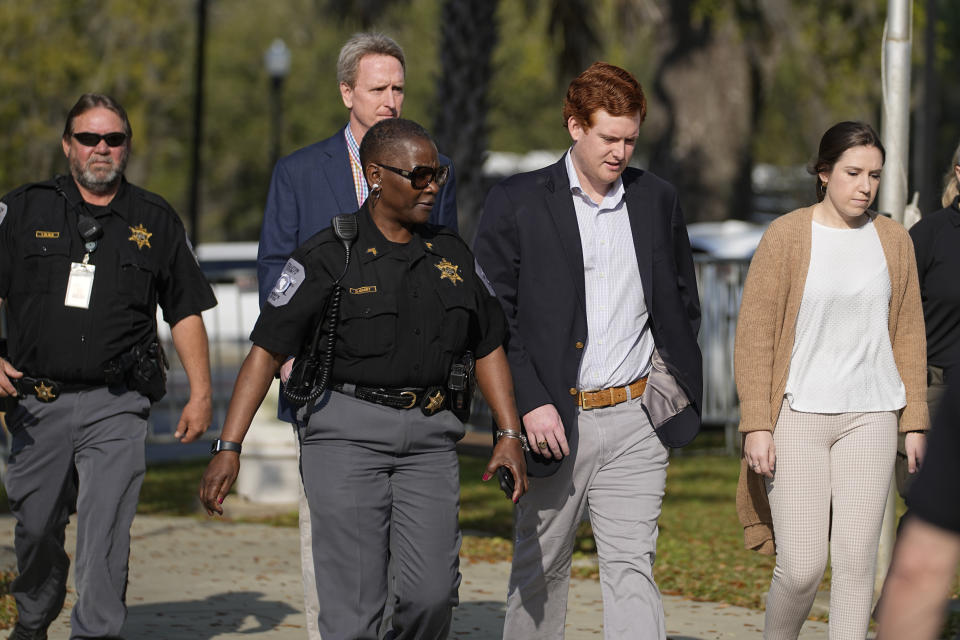 Buster Murdaugh arrives at the Colleton County Courthouse in Walterboro, S.C., Friday, March 3, 2023 for his father Alex Murdaugh's sentencing on two counts of murder. Alex Murdaugh was convicted in the June 7, 2021, shooting deaths of his wife and son. (AP Photo/Chris Carlson)