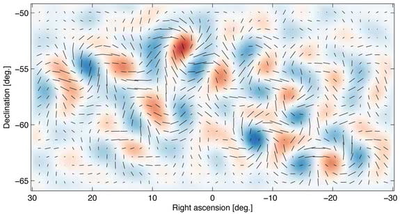 B-mode pattern observed by the BICEP2 telescope, which researchers originally interpreted as evidence for inflationary gravitational waves.