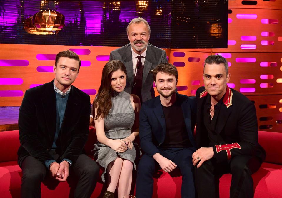 Host Graham Norton with guests (sitting left to right) Justin Timberlake, Anna Kendrick, Daniel Radcliffe and Robbie Williams during filming of The Graham Norton Show at the London Studios in London, to be aired on BBC1 on Friday evening.