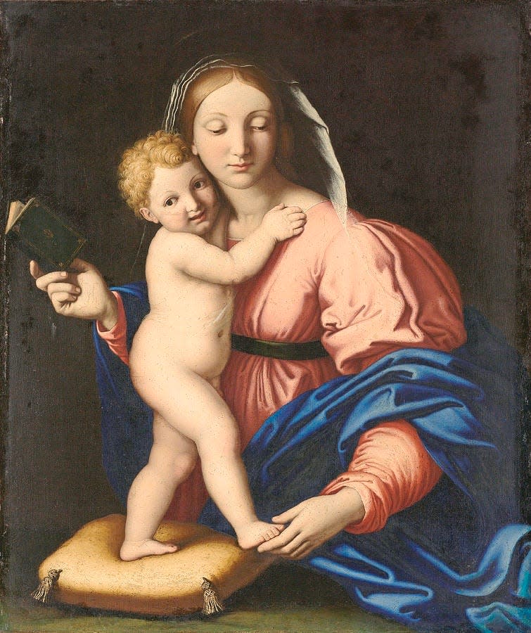 This painting from Sassoferrato's workshop is in the Rijksmuseum in Amsterdam and appears to be based on the drawing now in the WCFMA collection. Madonna and Child, c. 1650-1700.