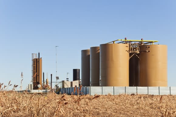 A tank battery and treater system used to separate water and natural gas from crude oil.