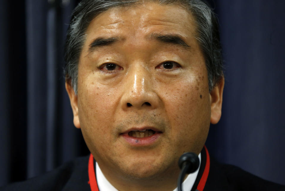 All Nippon Airways Executive Vice President Kiyoshi Tonomoto speaks during a press conference on its earnings in Tokyo Thursday, Jan. 31, 2013. ANA was sticking to its profit forecast despite flight cancellations caused by the worldwide grounding of Boeing 787 jets. (AP Photo/Koji Sasahara)