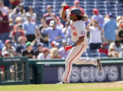 Washington Nationals' Josh Bell runs the bases after hitting a grand slam home run during the sixth inning of a baseball game against the Philadelphia Phillies, Wednesday, June 23, 2021, in Philadelphia. (AP Photo/Laurence Kesterson)