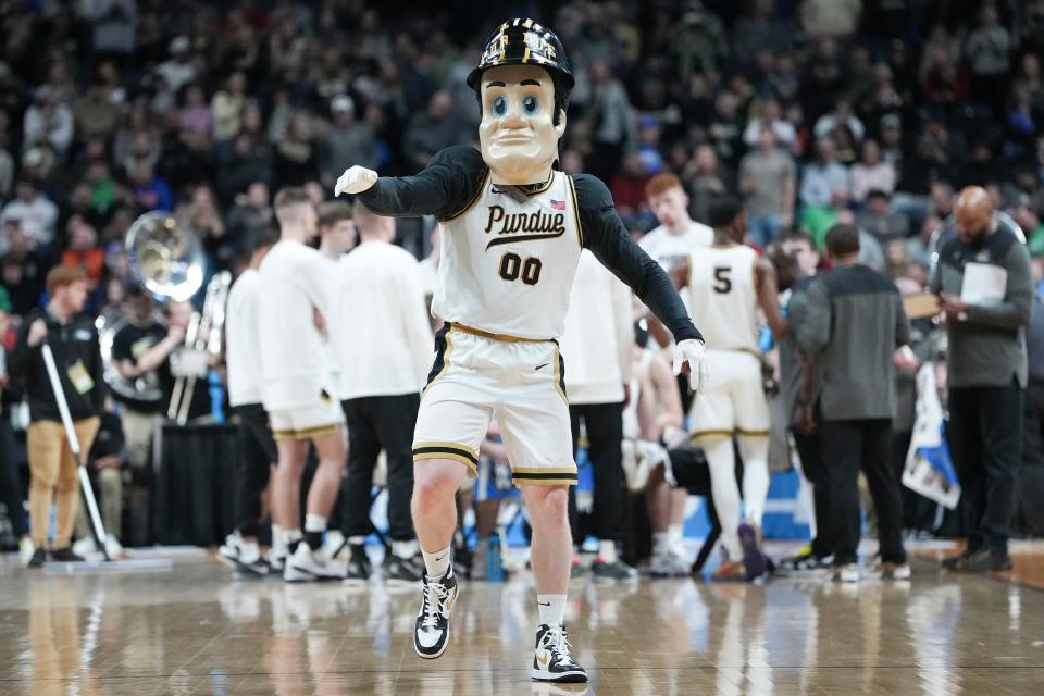 COLUMBUS, OHIO - MARCH 17: The Purdue Boilermakers mascot looks on during the first half of a game against the Fairleigh Dickinson Knights in the first round of the NCAA Men's Basketball Tournament at Nationwide Arena on March 17, 2023 in Columbus, Ohio.