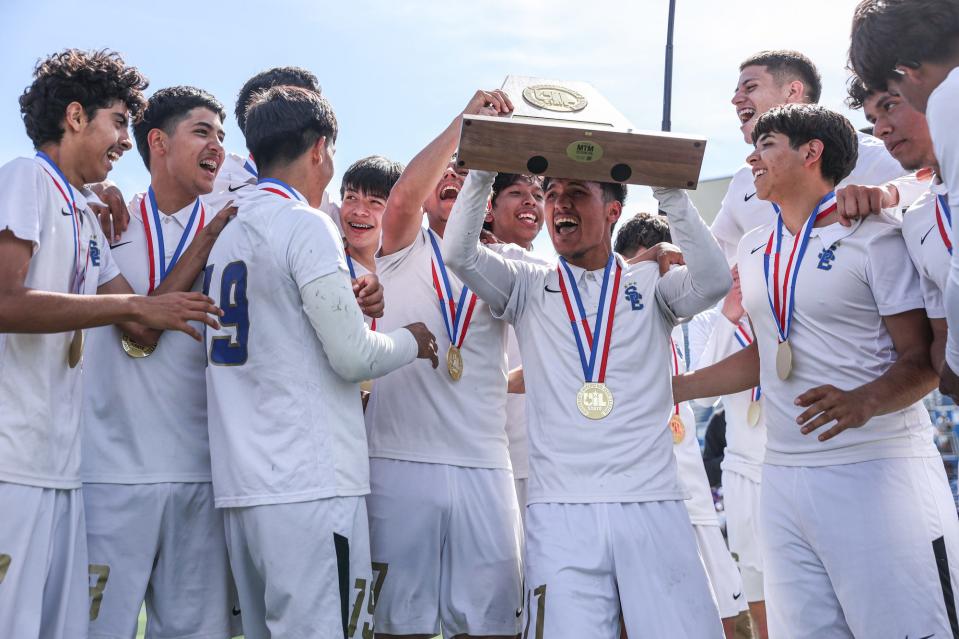 The San Elizario Eagles celebrate their Class 4A boys soccer state championship win at Birkelbach Field on Friday, April 12, 2024, in Georgetown, Texas. The Eagles defeated the Boerne Greyhounds 1-0.