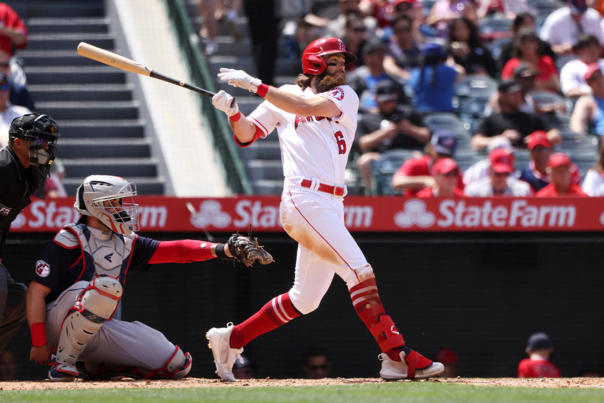 Los Angeles Angels center fielder Brandon Marsh (16) looks on prior to an  MLB regular season game against the Cleveland Guardians, Wednesday, April  27th, 2022, at Angels Stadium in Anaheim, CA. (Brandon