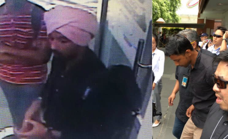 (Sheikh Md Razan, who was caught on CCTV footage released by the police on 28 July 2018, (left) and e<span>scorted back to the crime scene on 2 August, 2018.</span> PHOTOS: Singapore Police Force/Facebook, Nicholas Yong/Yahoo News Singapore)