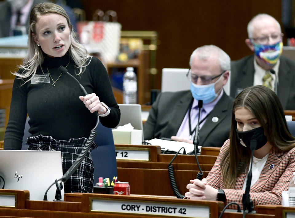 Rep. Emily O'Brian, R-Grand Forks, describes her encounters with Rep. Luke Simons, R-Dickinson, during the debate of a resolution to expel Simons from the state Legislature on 3-4-2021 at the state Capitol in Bismarck, North Dakota, Thursday, Mach 4, 2021. Simons was expelled by a 69-25 vote by the House members. (Mike McCleary/The Bismarck Tribune via AP)