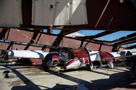 A damaged airplane is seen at the Eufaula Municipal Airport, after a string of tornadoes, in Eufaula, Alabama, U.S., March 5, 2019. REUTERS/Elijah Nouvelage