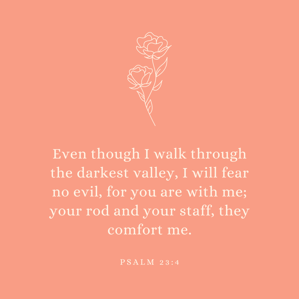 Psalm 23:4 Even though I walk through the darkest valley, I will fear no evil, for you are with me; your rod and your staff, they comfort me.