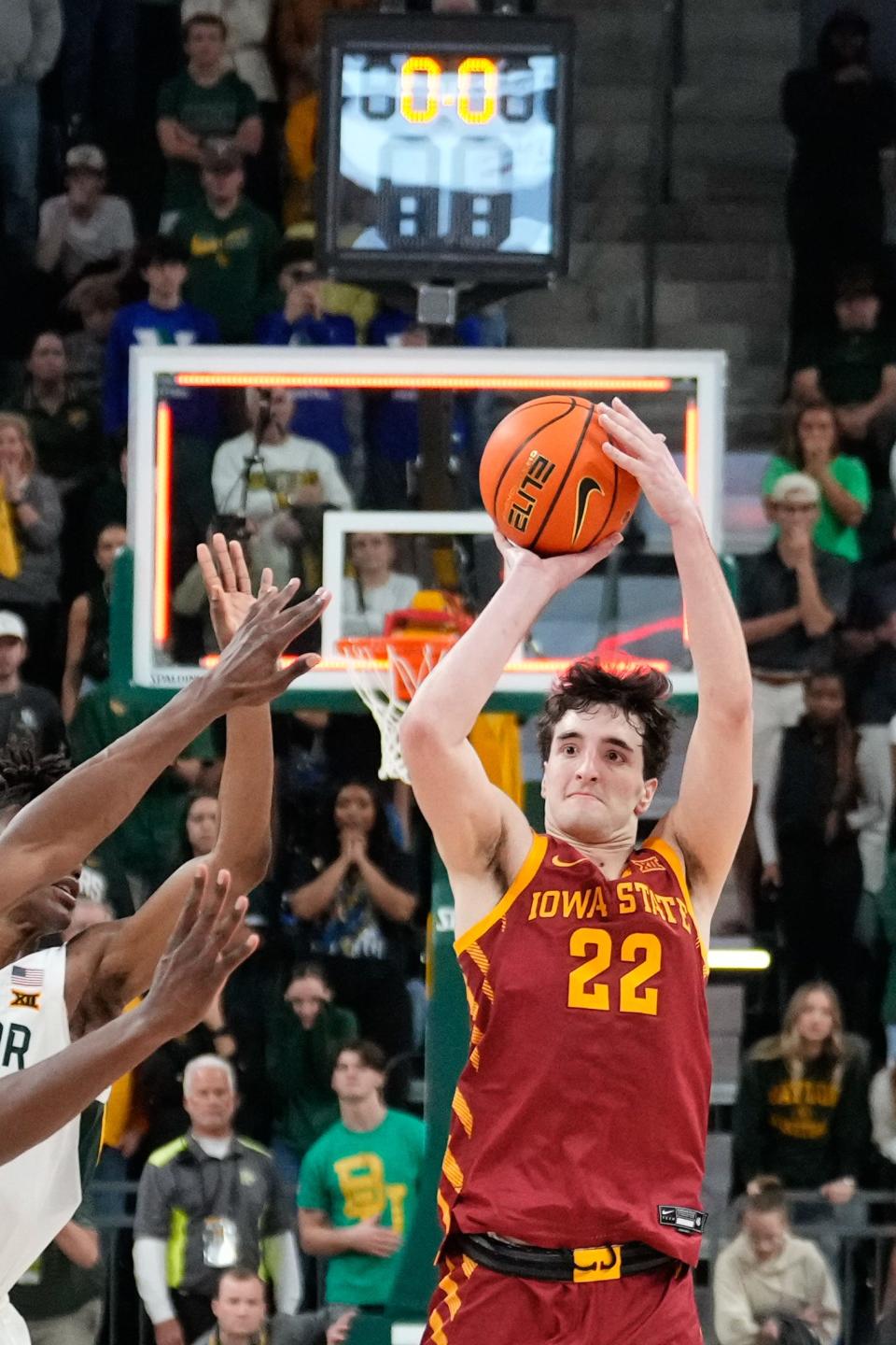 Iowa State forward Milan Momcilovic (22) does not get the final shot off in time as the Baylor Bears defeat the Cyclones, 70-68, on Saturday.