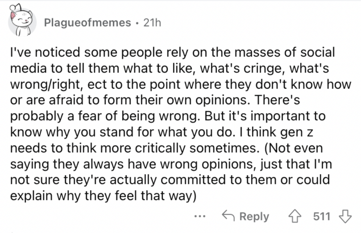 Reddit screenshot on the value of critical thinking.