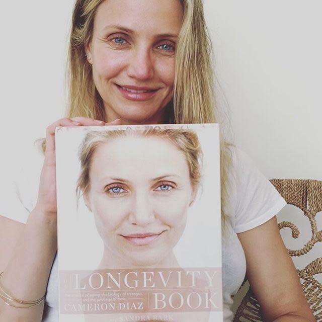 Cameron Diaz shared a make-up free selfie Wednesday to promote her new publication <i>The Longevity Book</i>. The Charlie’s Angels star posed looking straight to camera holding the book cover that also shows her face forward in the Instagram snap. ‘I feel like ageing has gotten a bad rap,’ the natural beauty wrote. 'That’s why I wanted to write this book so that we could understand what aging really is…..So that we can all empower ourselves in our own quests to live well, and for a long time.’