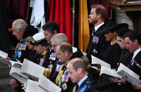 <p>Members of the Royal Family mourn their beloved mother and grandmother during her state funeral at Westminster Abbey. (Getty Images)</p> 