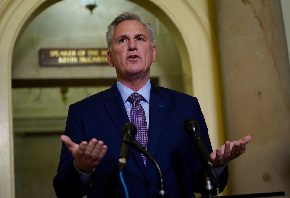 Speaker of the House Kevin McCarthy speaking at a press conference at the United States Capitol on May 9, 2023 in Washington, D.C following a meeting with President Joe Biden at the White House regarding debt ceiling negotiations. 