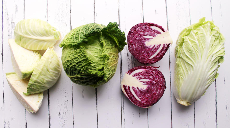 Left to right: Green cabbage, savoy cabbage, red cabbage and napa cabbage (Photo: Kelly Paige)