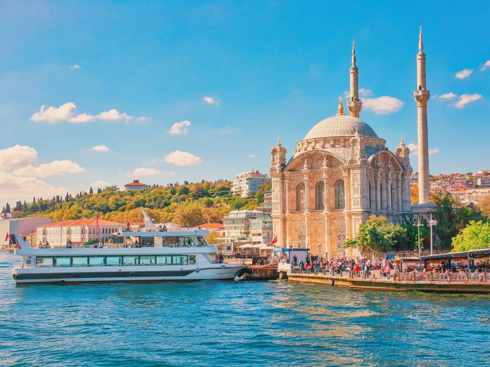 Crowds at the Ortakoy mosque in Istanbul, Turkey.