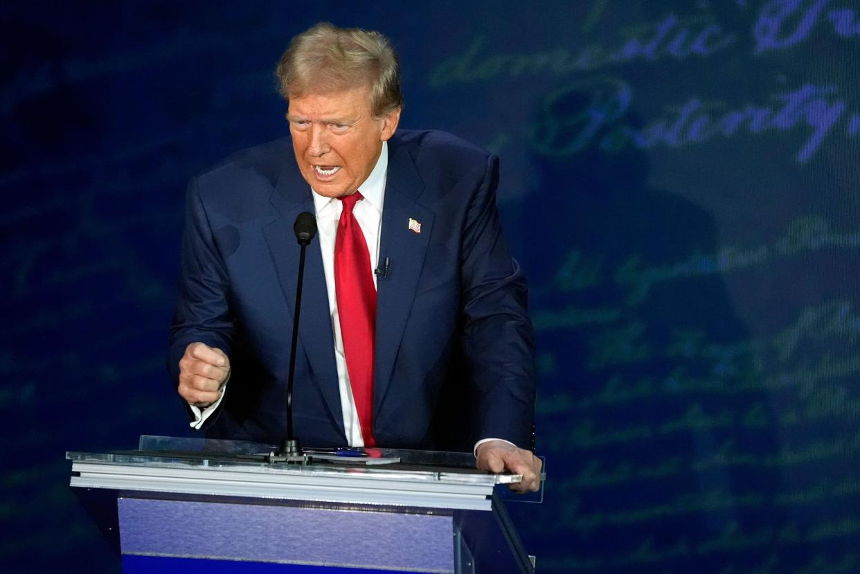 Republican presidential nominee former President Donald Trump speaks during a presidential debate with Democratic presidential nominee Vice President Kamala Harris at the National Constitution Center, Tuesday, Sept.10, 2024, in Philadelphia. (AP Photo/Alex Brandon)