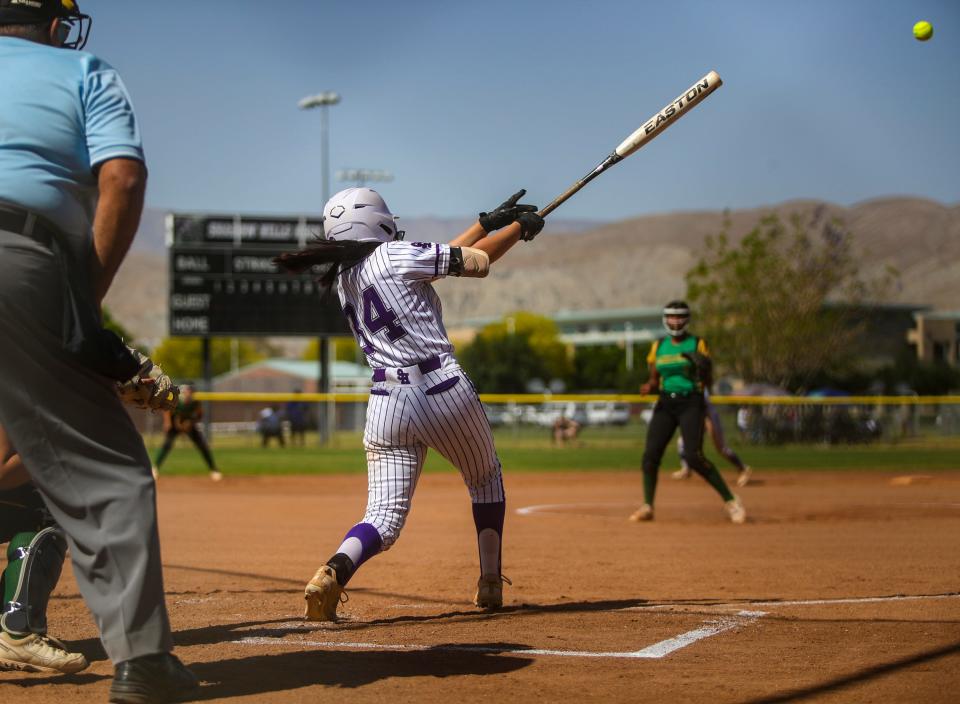 Shadow Hills' Tori Tiumalu (34) connects for a hit during their CIF-SS Division 5 playoff game at Shadow Hills High School in Indio, Calif., Thursday, May 2, 2024.