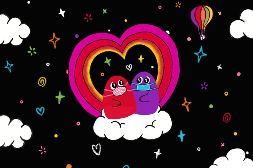 Illustration of two blobs falling in love.